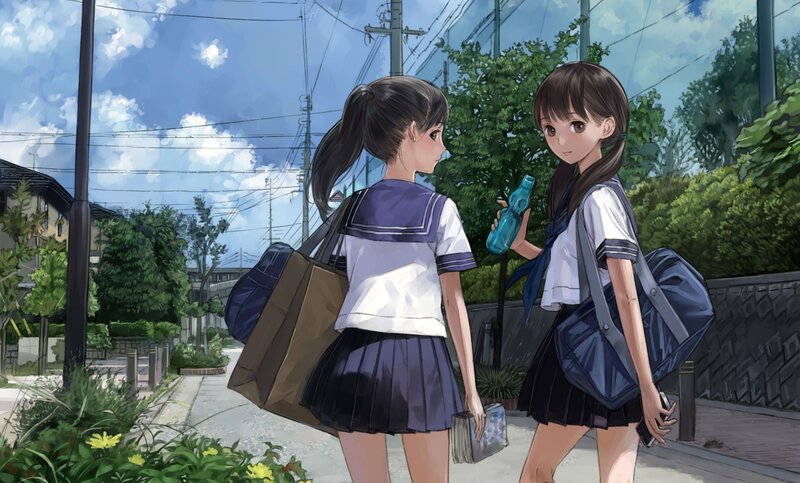 schoolgirls walking on a street