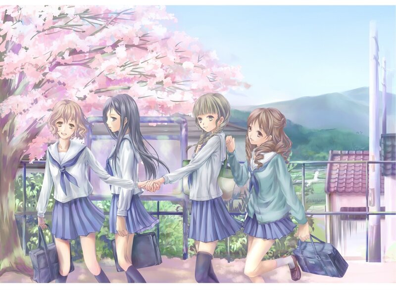 Schoolgirls walking under cherry blossoms