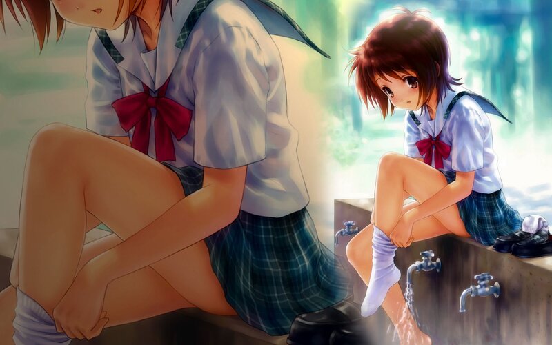 schoolgirls washing feet