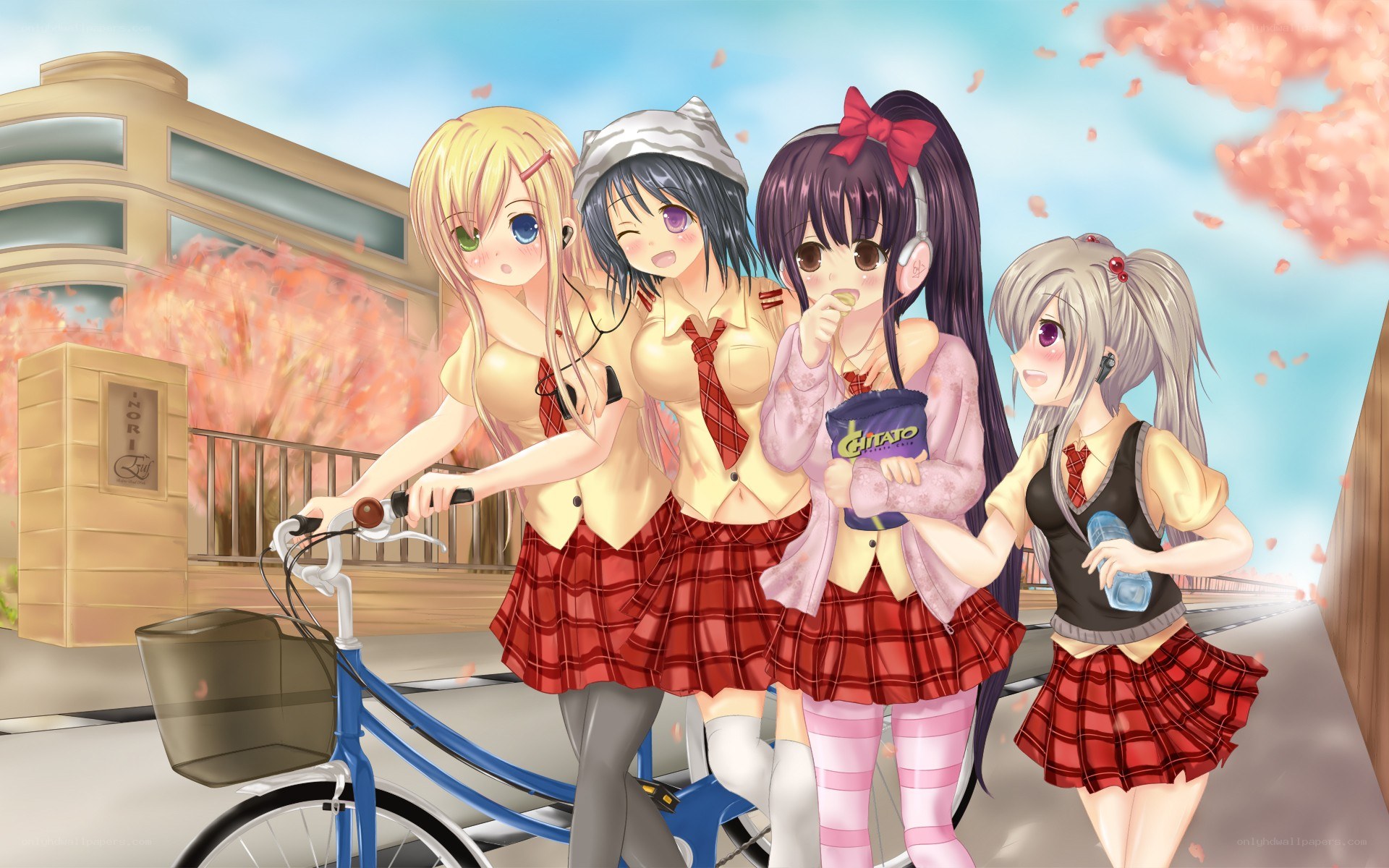 schoolgirls with bicycle