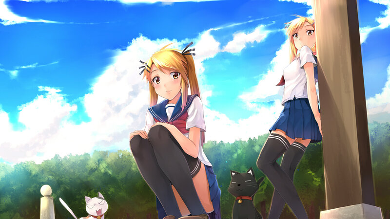 Schoolgirls with cats in a park