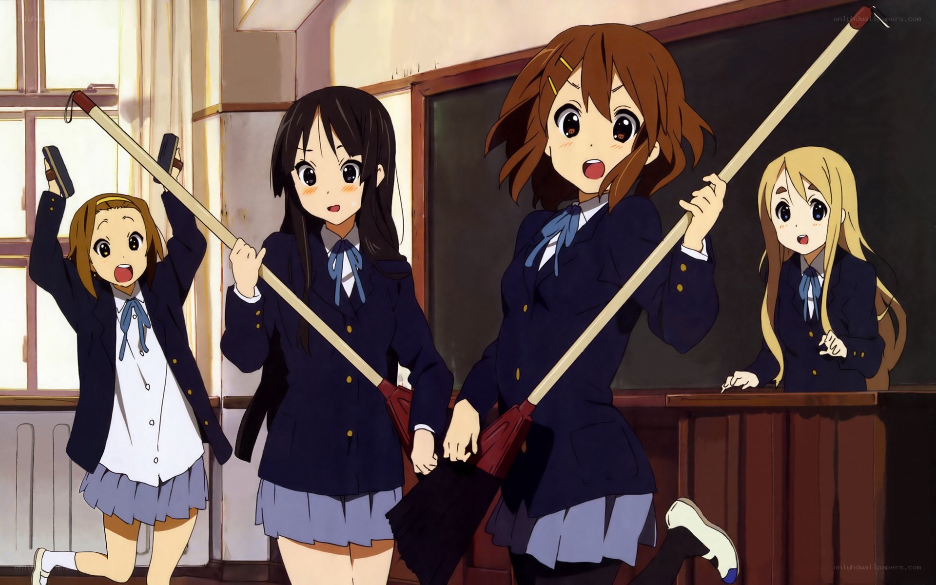 Schoolgirls with cleaning tools