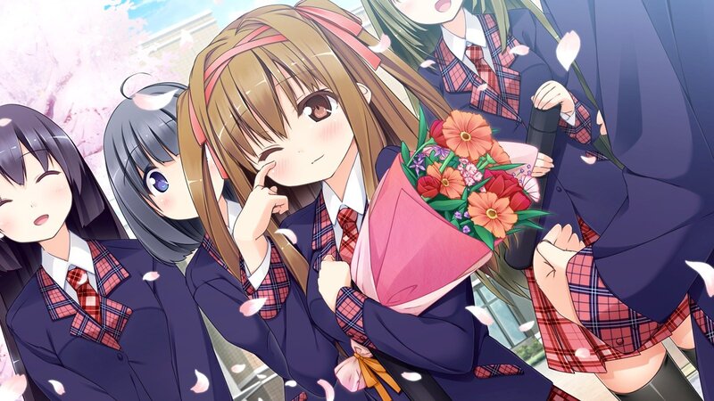 Schoolgirls with flowers and cherry blossoms