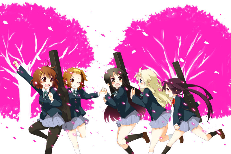 Schoolgirls with instruments running