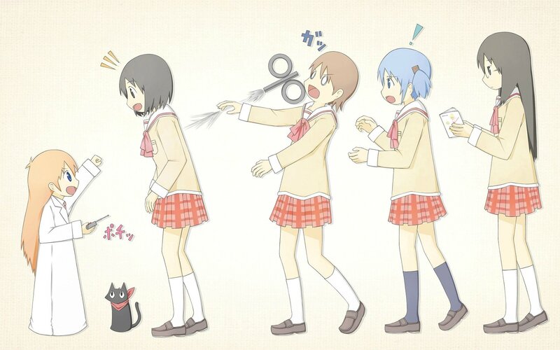 Schoolgirls with scissors and a cat