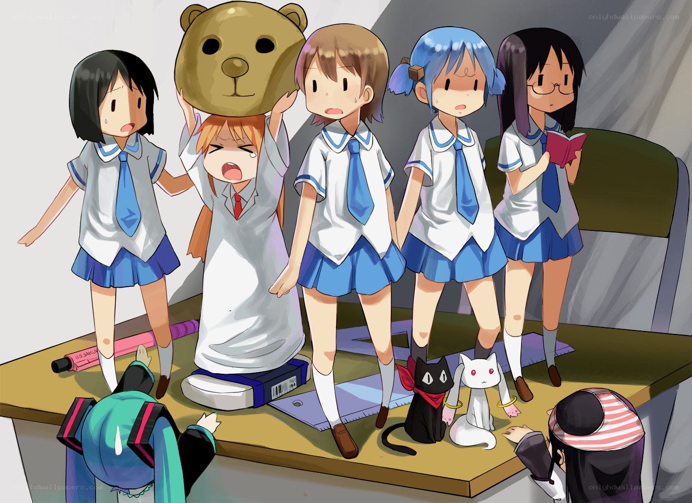Schoolgirls with stuffed animal