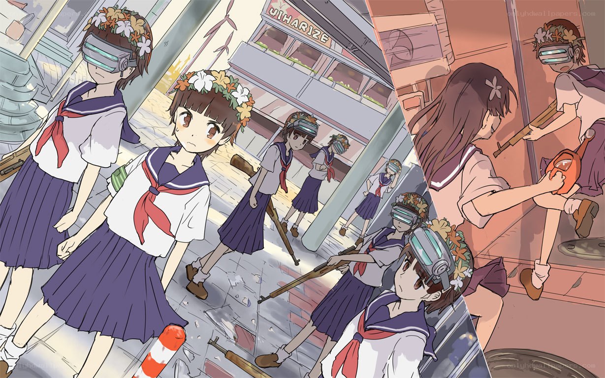 Schoolgirls with weapons in city