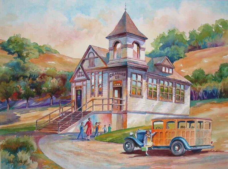 Schoolhouse with vintage car