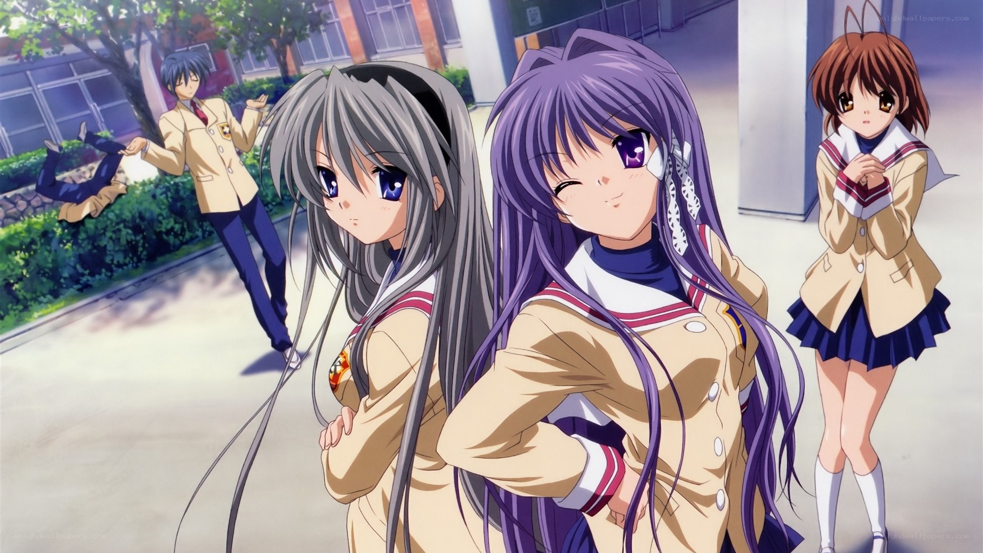 Schoolyard anime scene with students