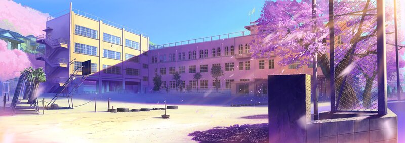 Schoolyard with cherry blossoms