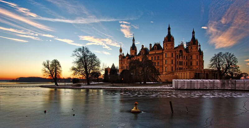 Schwerin Castle at sunset