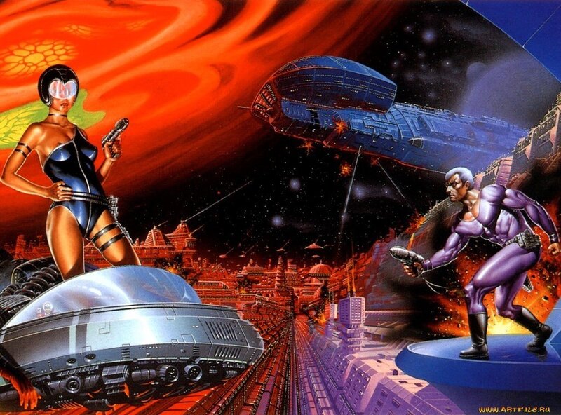 sci-fi action scene with characters