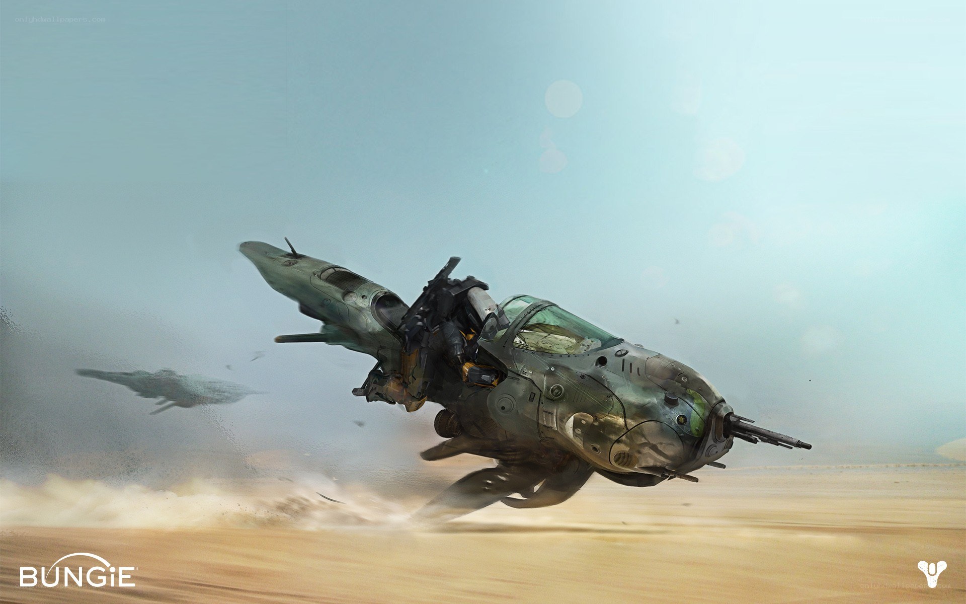 Sci-fi aircraft in desert flight