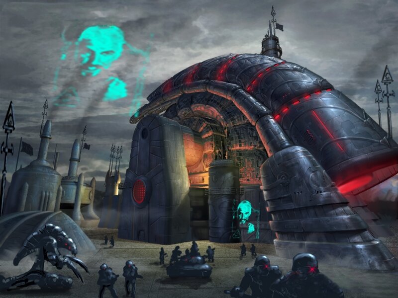 sci-fi alien base with holograms