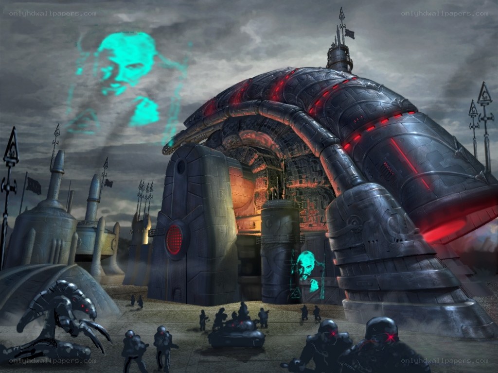 sci-fi alien base with holograms