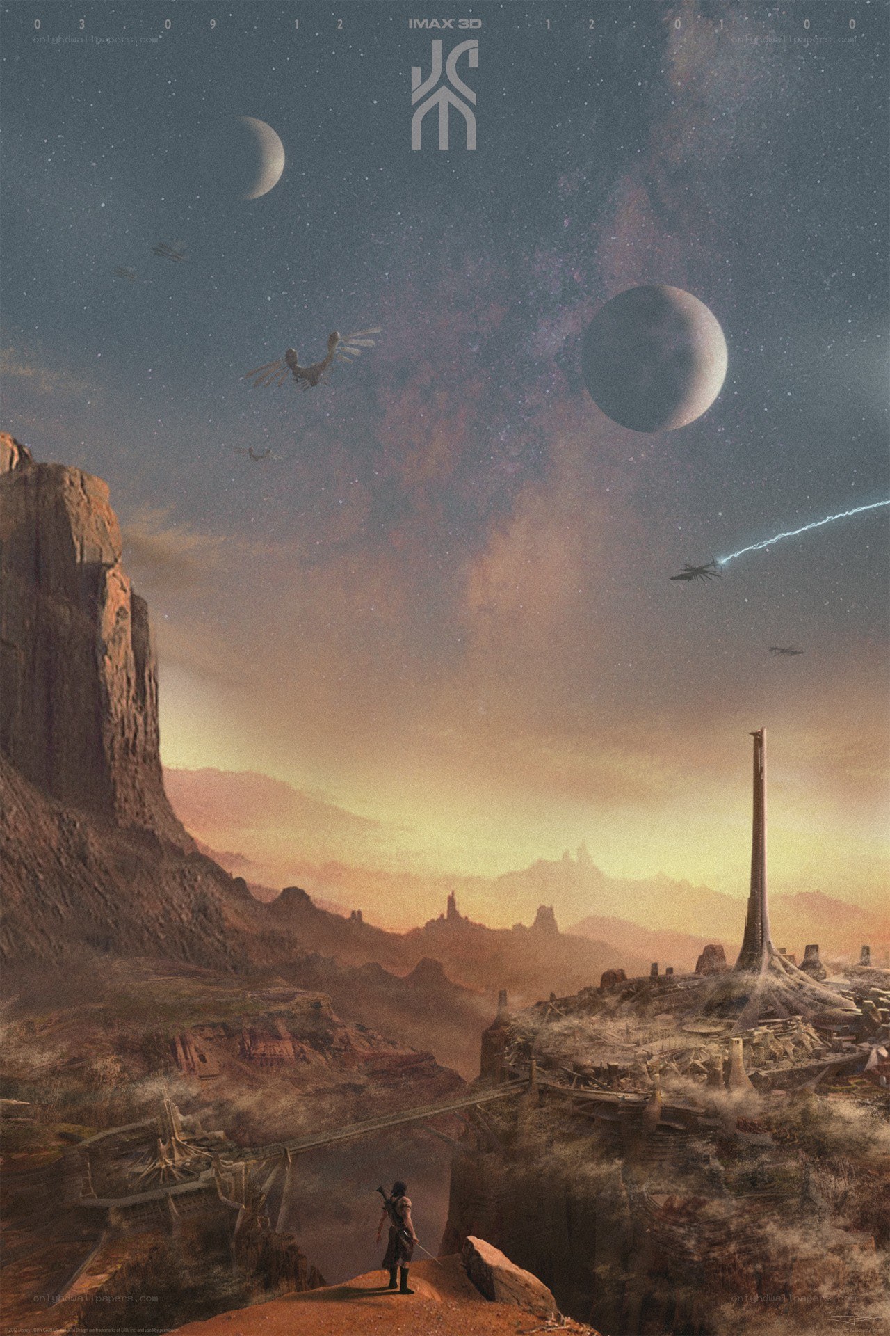 Sci-fi alien landscape with flying ships