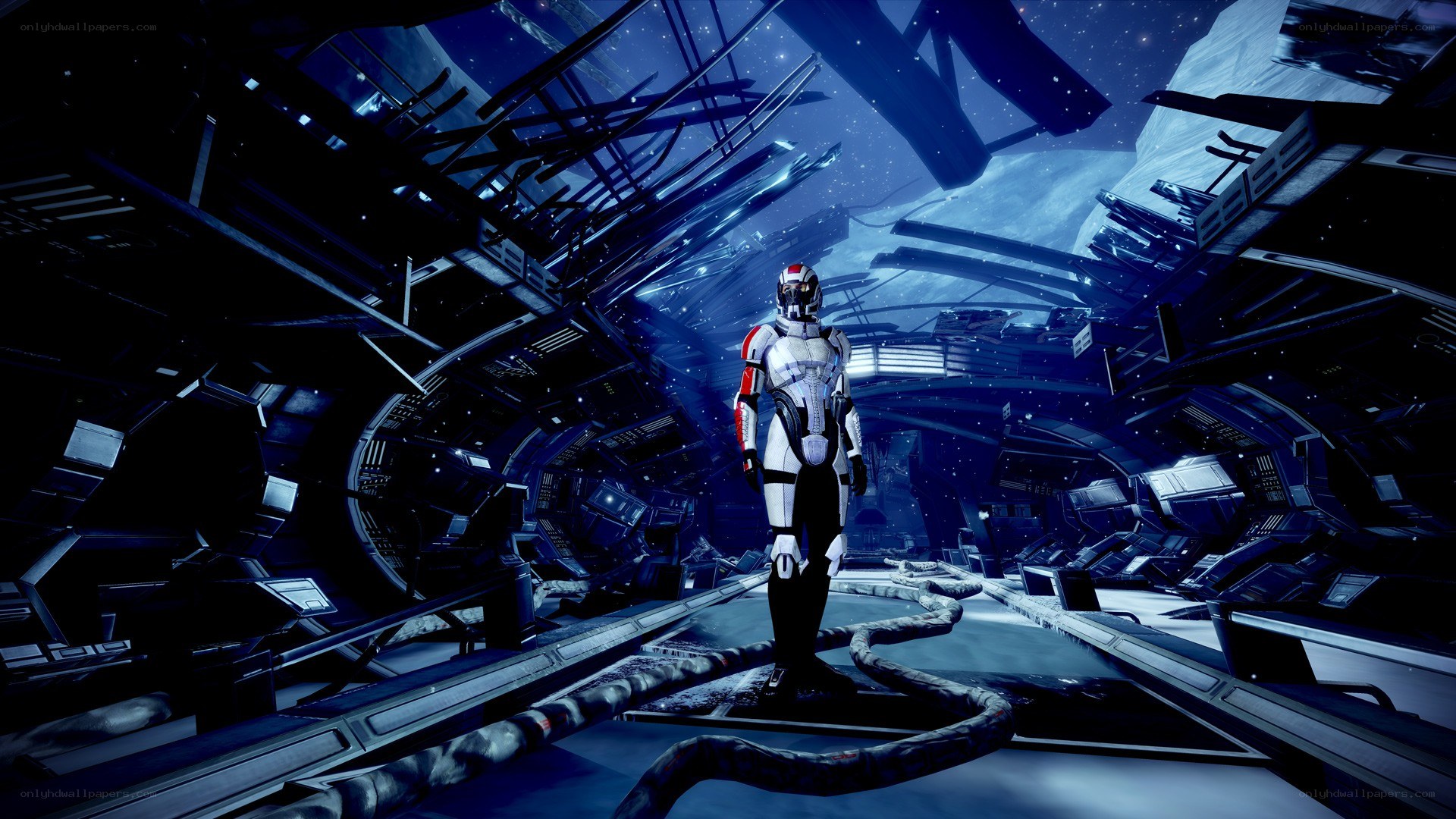 sci-fi armored figure in space station