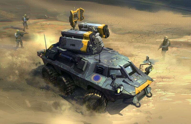 Sci-fi armored vehicle in desert