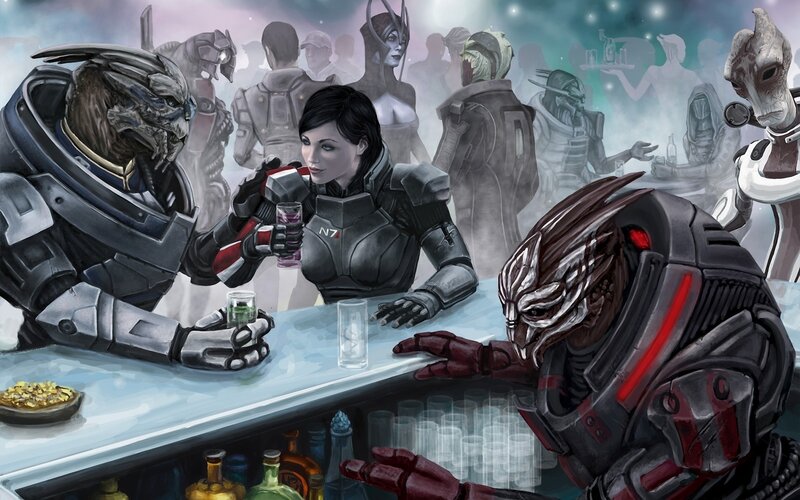 Sci-fi bar scene with diverse aliens