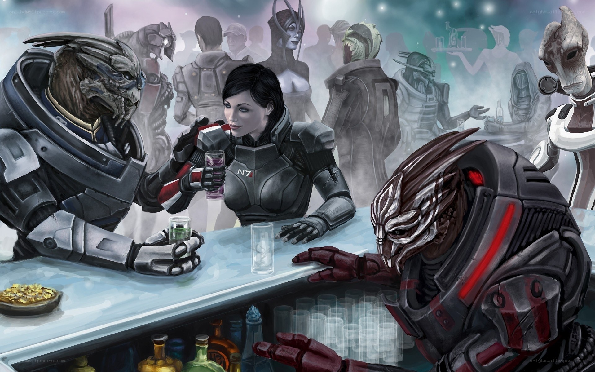Sci-fi bar scene with diverse aliens