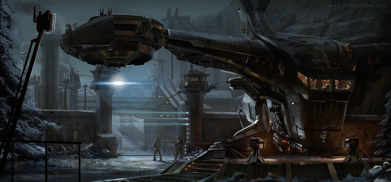 Sci-fi base with large spacecraft