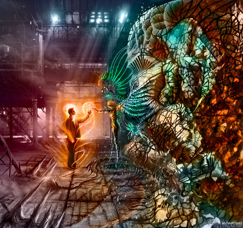sci-fi battle in a ruined factory