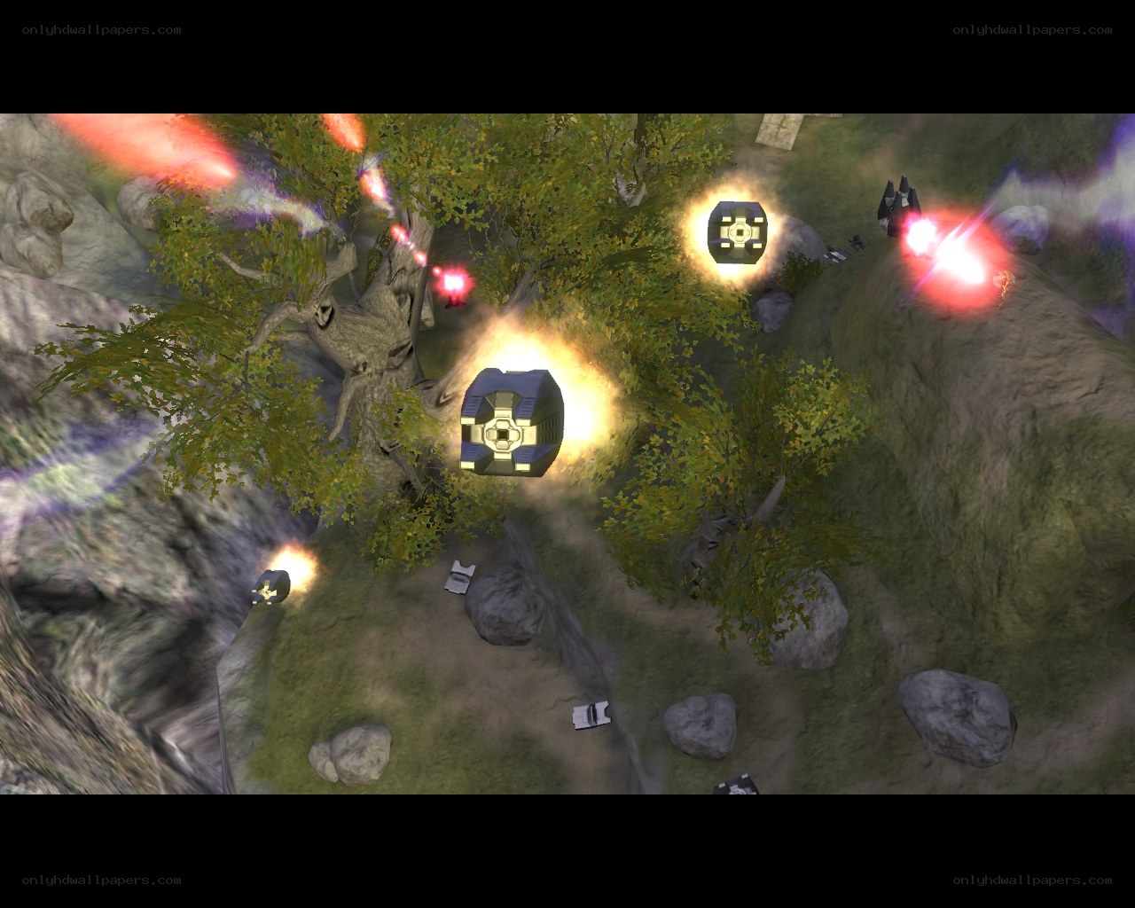 Sci-fi battle in forest terrain