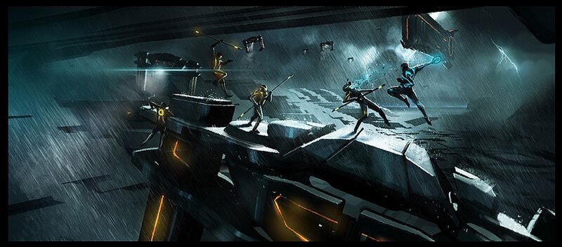 sci-fi battle in rain