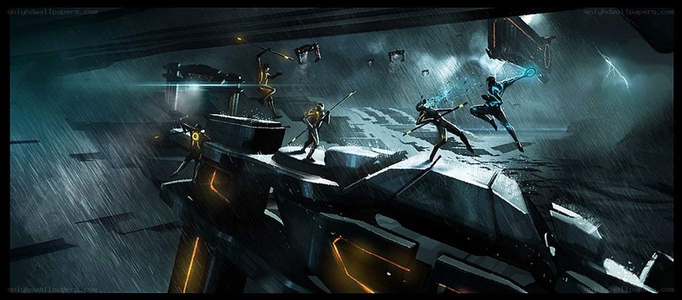 sci-fi battle in rain