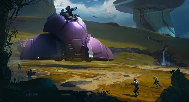 Sci-fi battle scene with alien vehicle