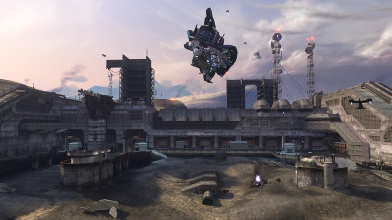 Sci-fi battle scene with flying vehicle