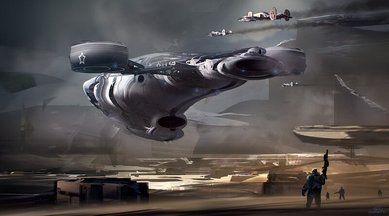 Sci-fi battle scene with futuristic aircraft