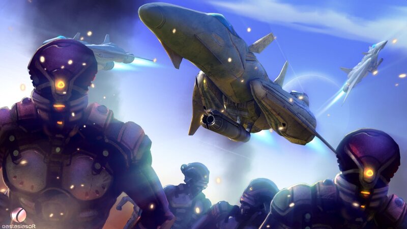 Sci-fi battle scene with soldiers and ships
