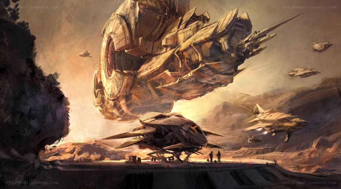 Sci-fi battle scene with warships