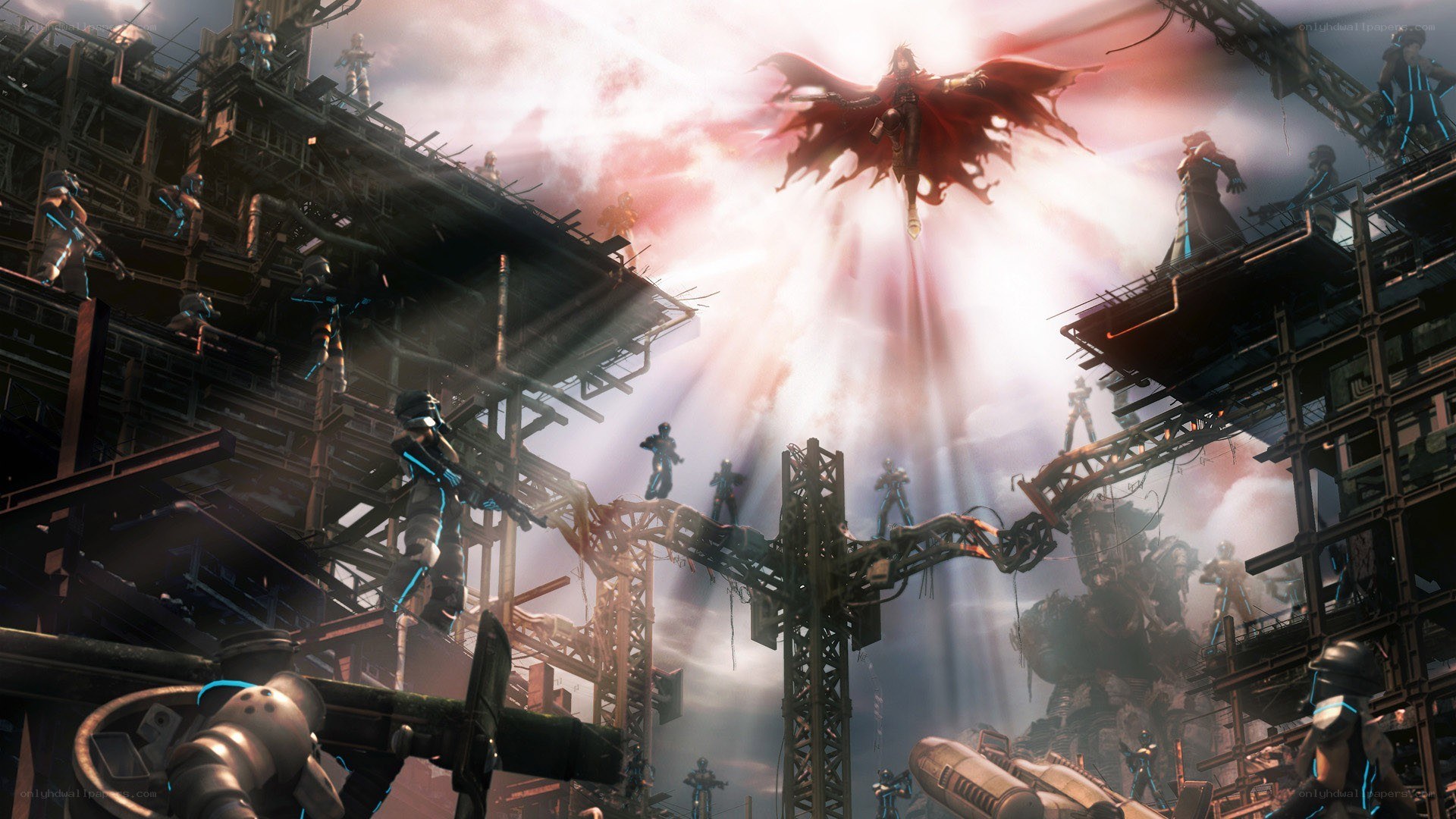 Sci-fi battle with flying figure