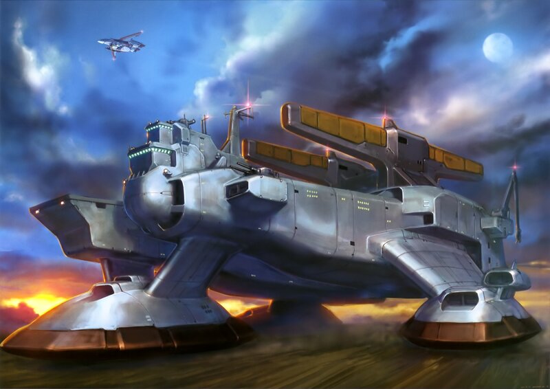 Sci-fi battleship at sunset