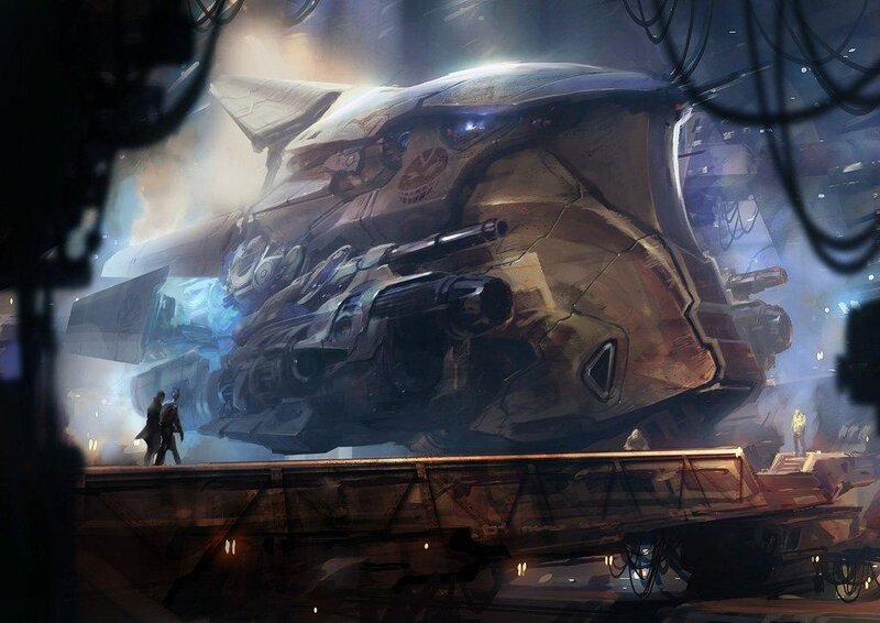 Sci-fi battleship in hangar