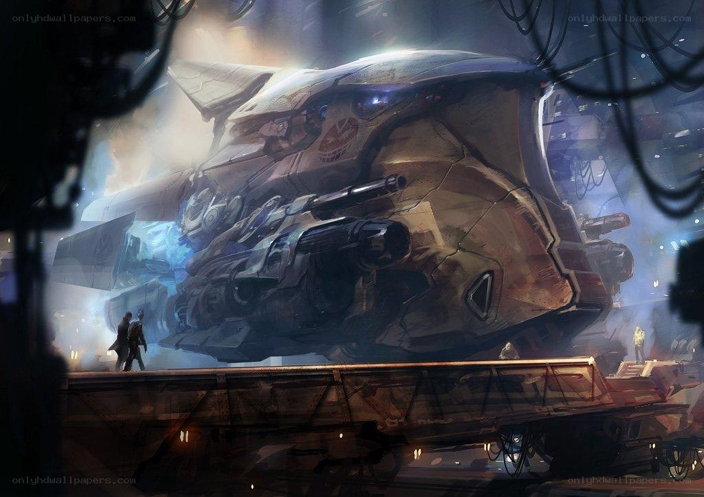 Sci-fi battleship in hangar