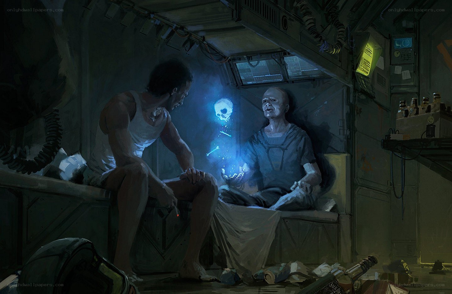 sci-fi cabin with glowing skull