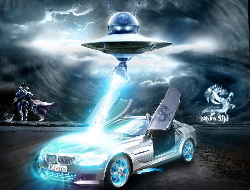 Sci-fi car and alien encounter