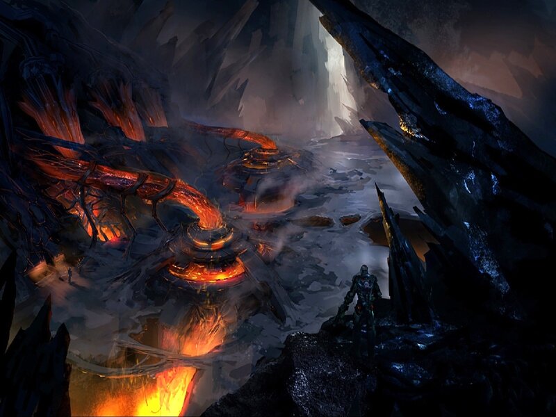 sci-fi cave with lava flow