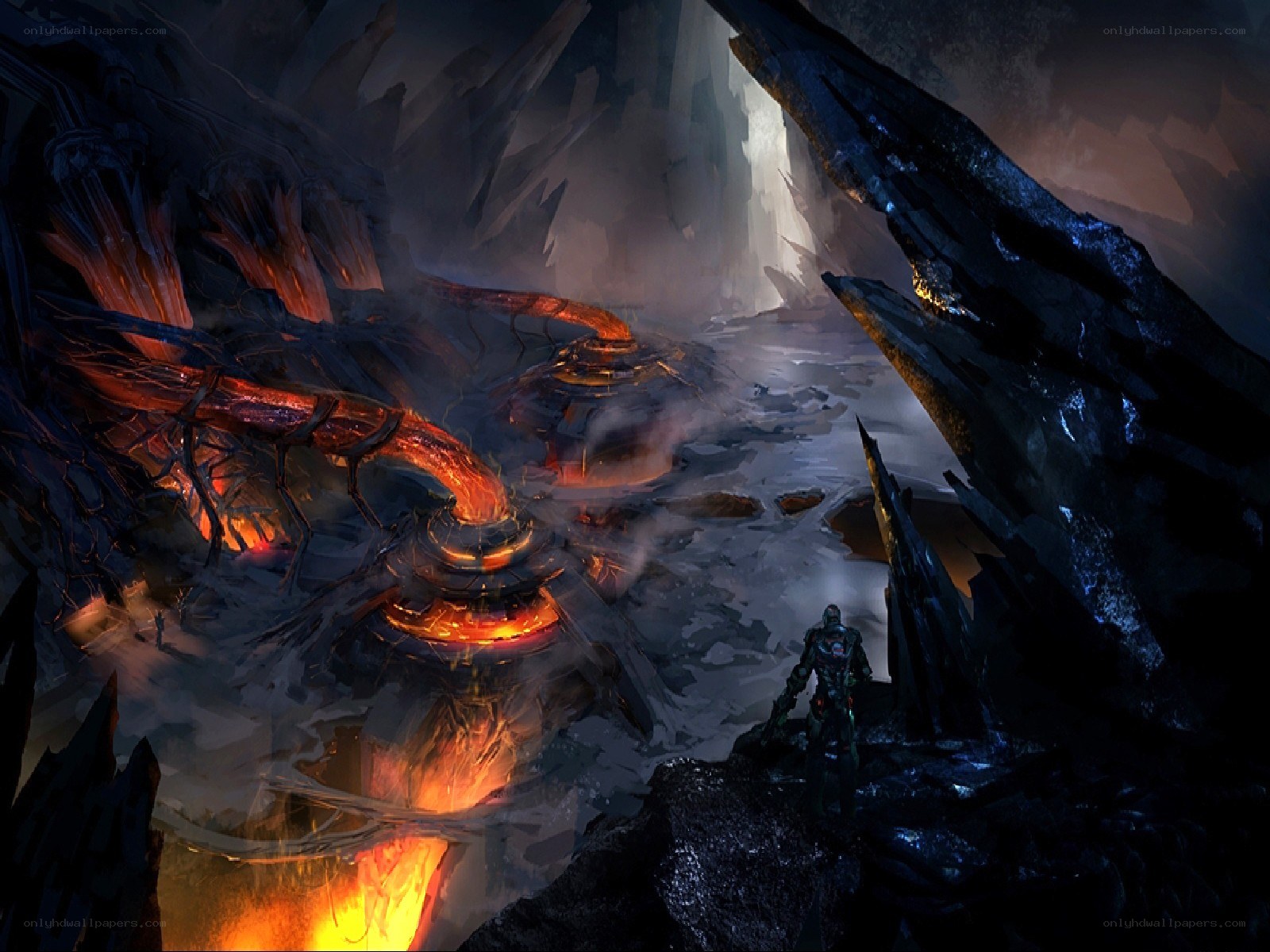 sci-fi cave with lava flow