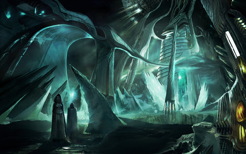 sci-fi cavern with glowing structures