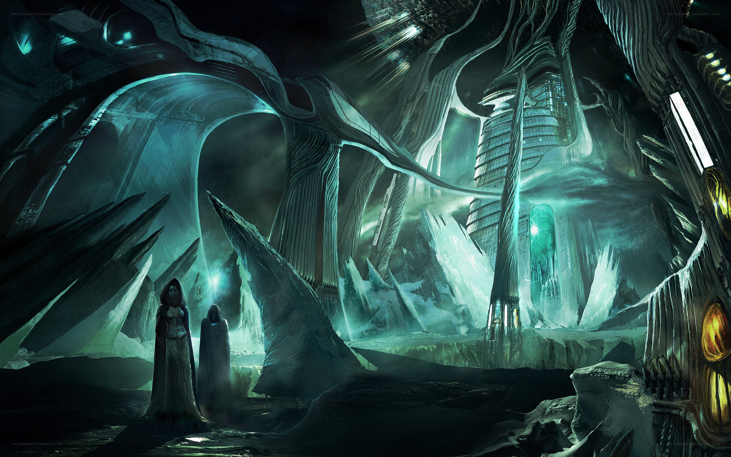 sci-fi cavern with glowing structures