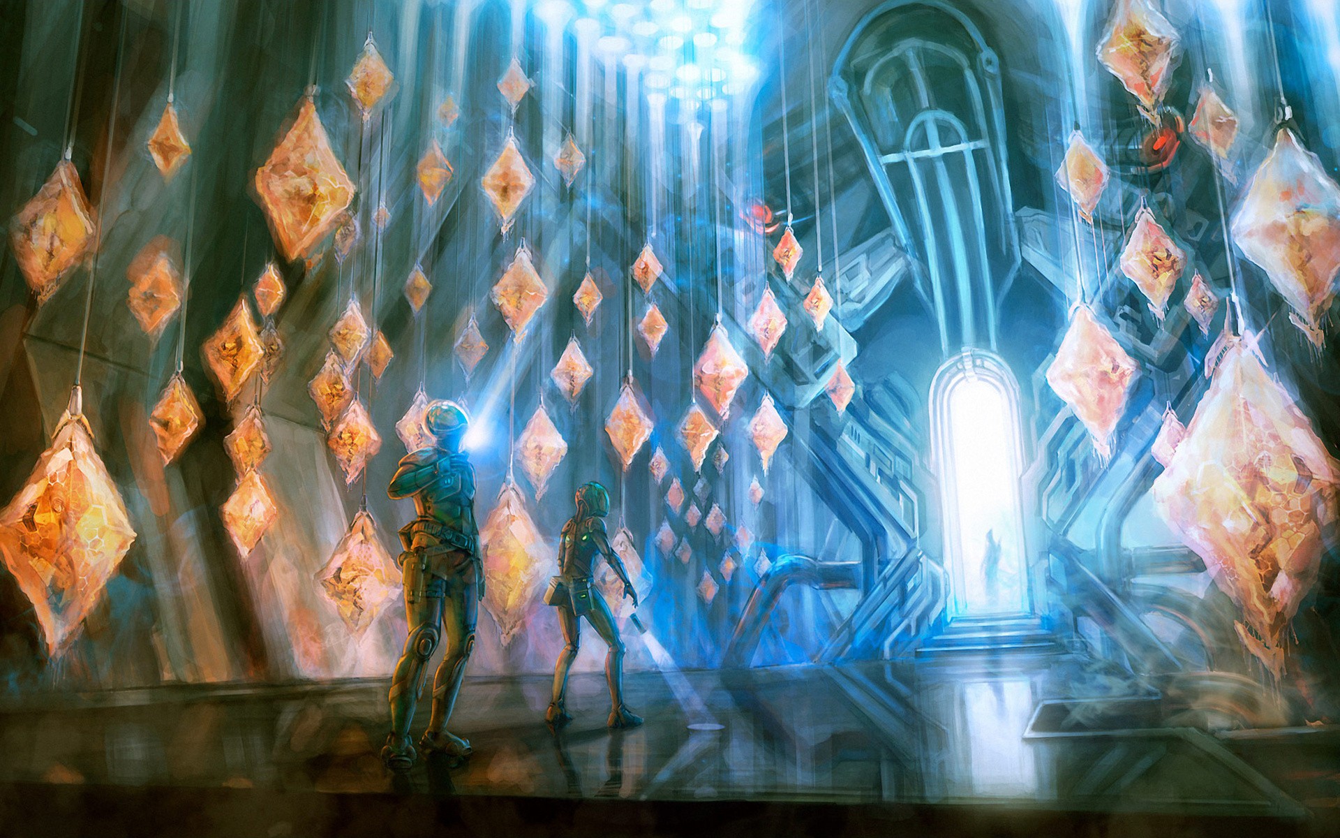 sci-fi chamber with glowing crystals