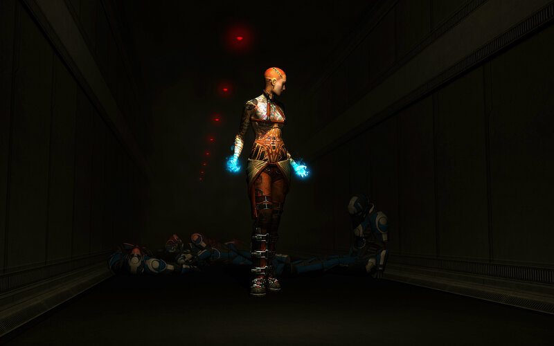 sci-fi character in dark corridor