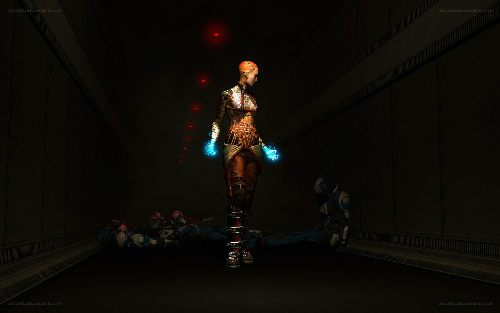 sci-fi character in dark corridor