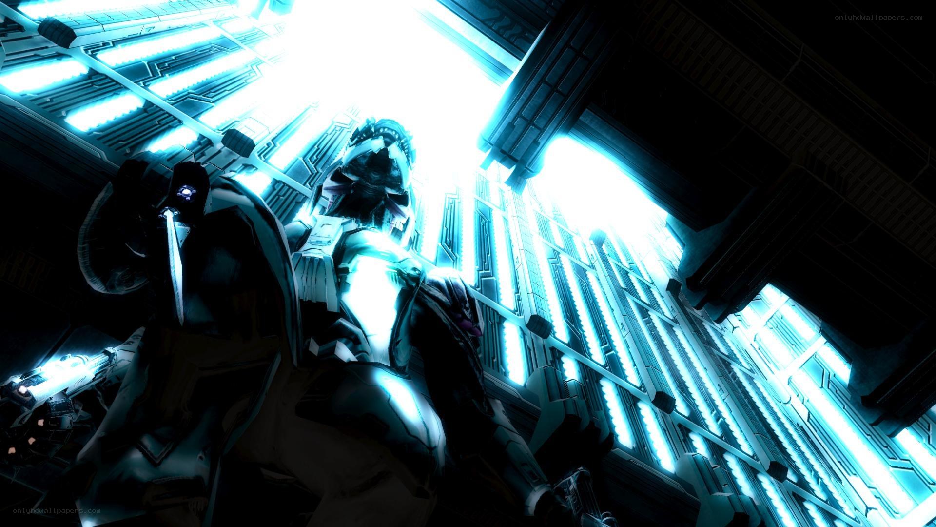 sci-fi character in glowing corridor