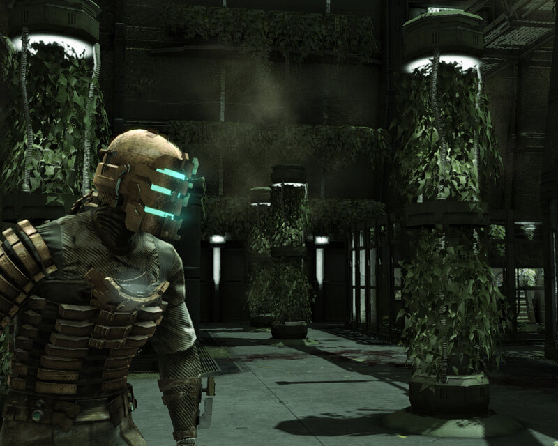 Sci-fi character in overgrown facility
