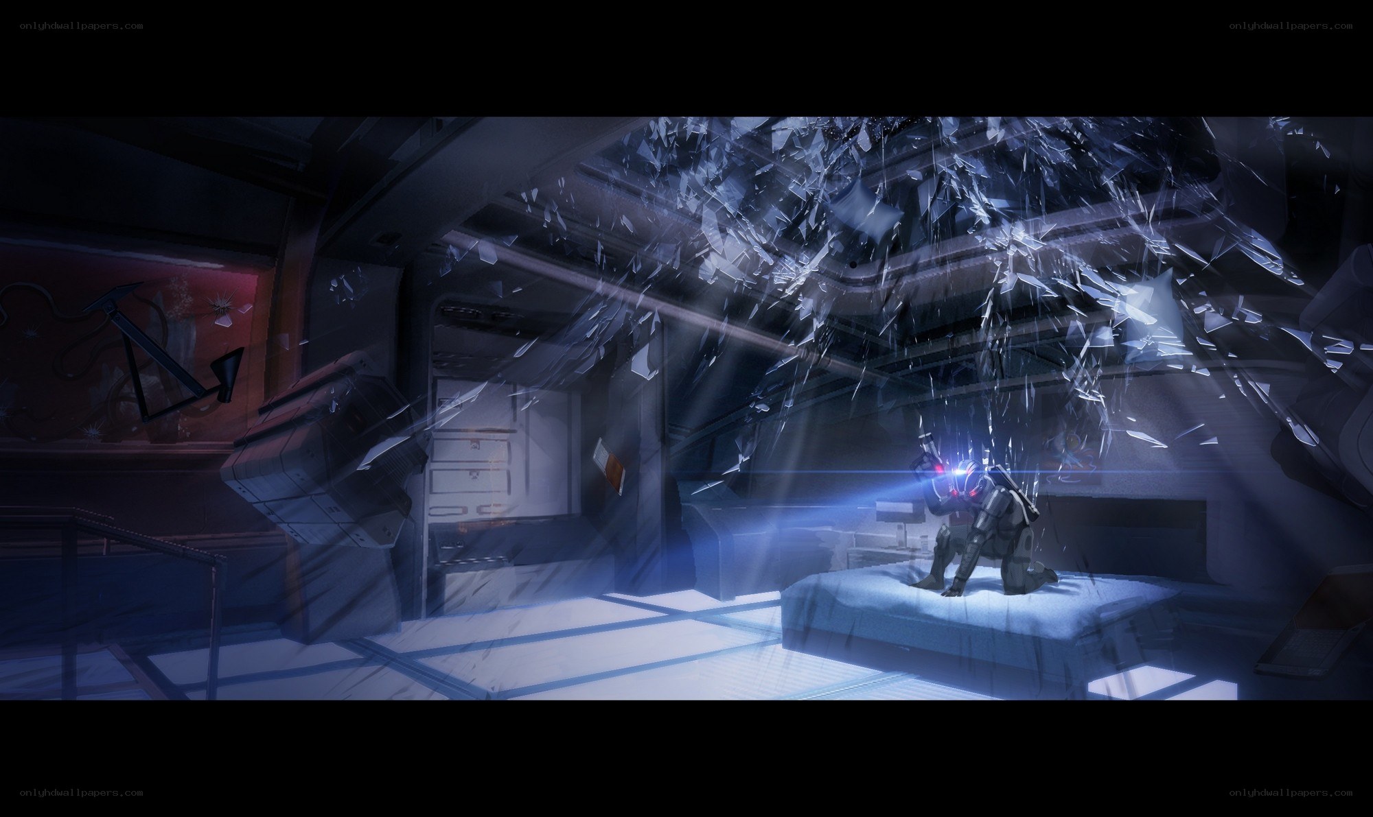 sci-fi character in shattered room